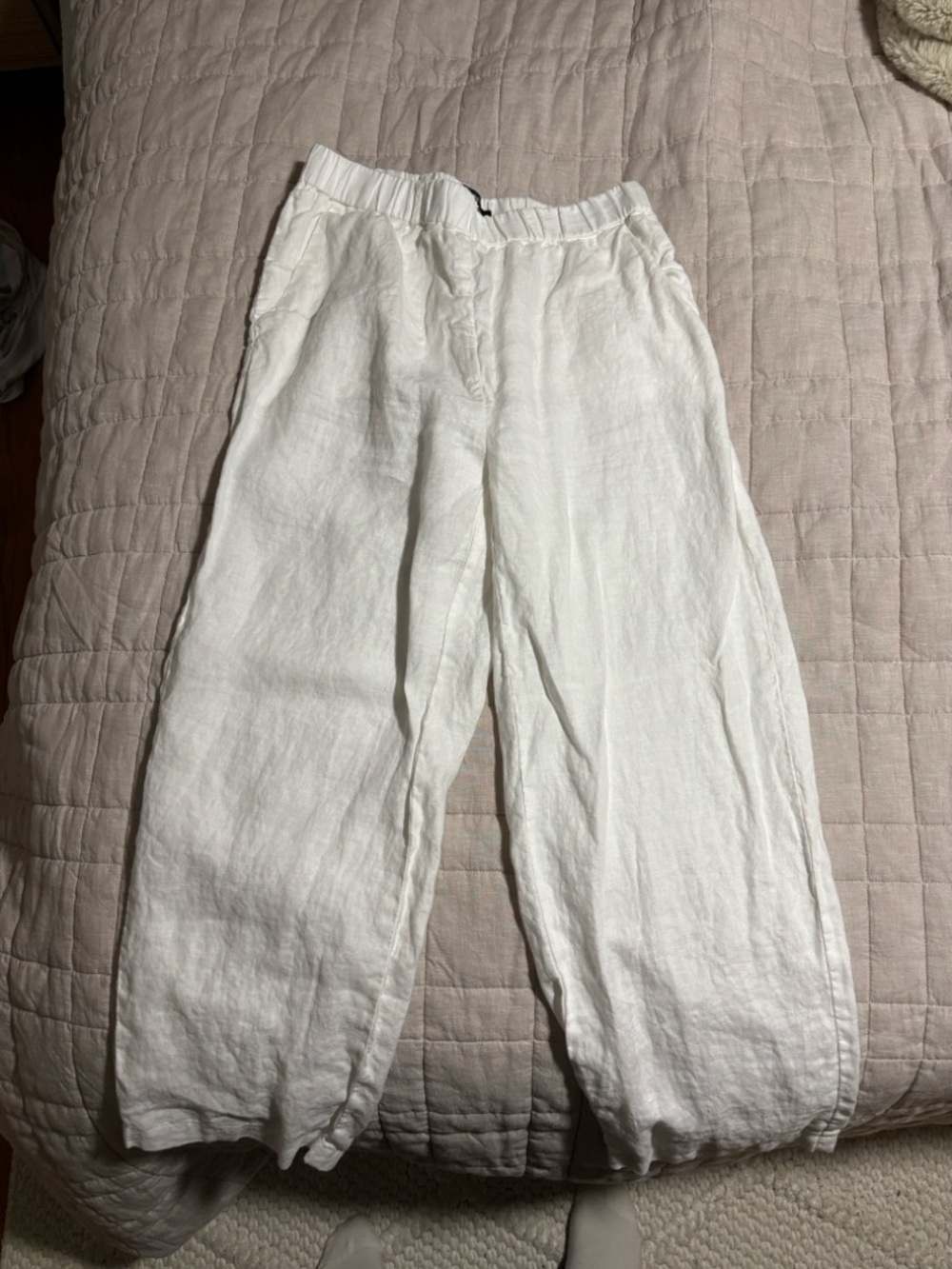 Quince European Women's White Elastic-Waist Linen Blend Pants - Picture 3 of 5
